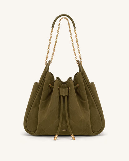 Rowan Faux Suede Quilted Chain Bucket Bag - Olive Green | JW PEI