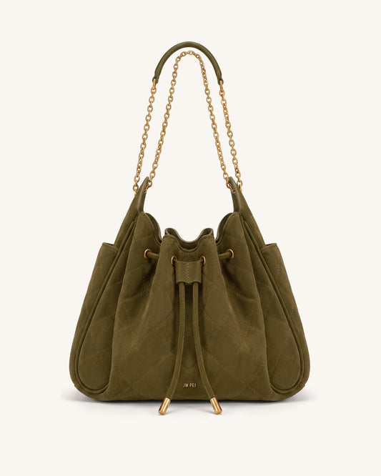 Rowan Faux Suede Quilted Chain Bucket Bag - Olive Green | JW PEI