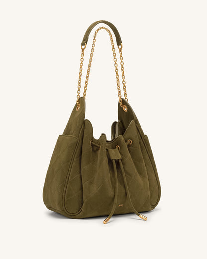 Rowan Faux Suede Quilted Chain Bucket Bag - Olive Green | JW PEI