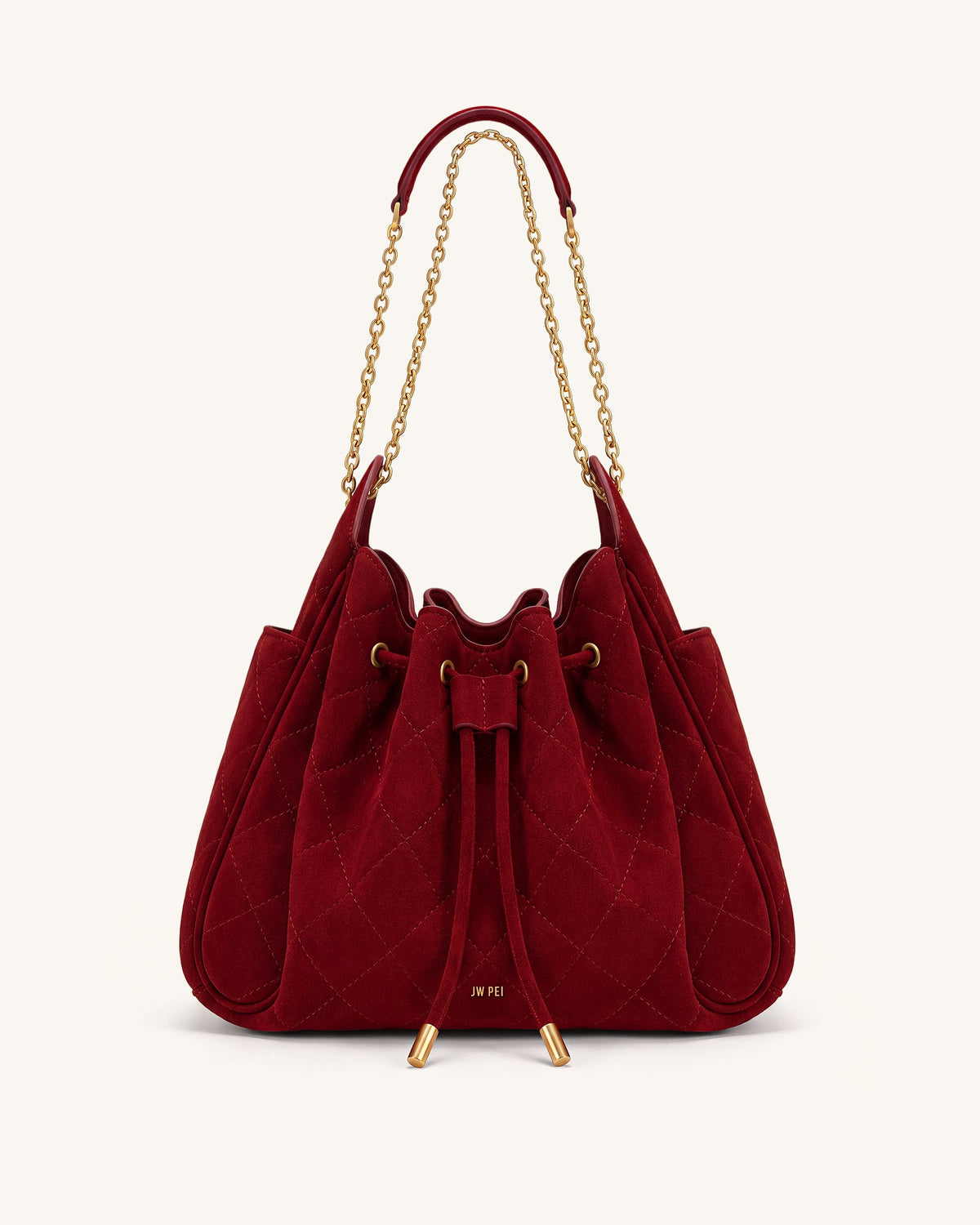 Rowan Faux Suede Quilted Chain Bucket Bag - Dark Red | JW PEI