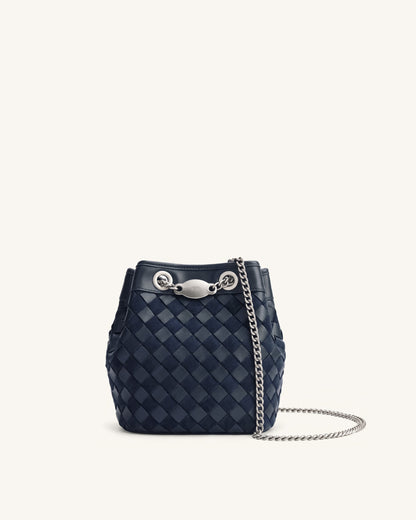 Yara Faux Suede Hand-Woven Bucket Bag - Dark Blue | JW PEI