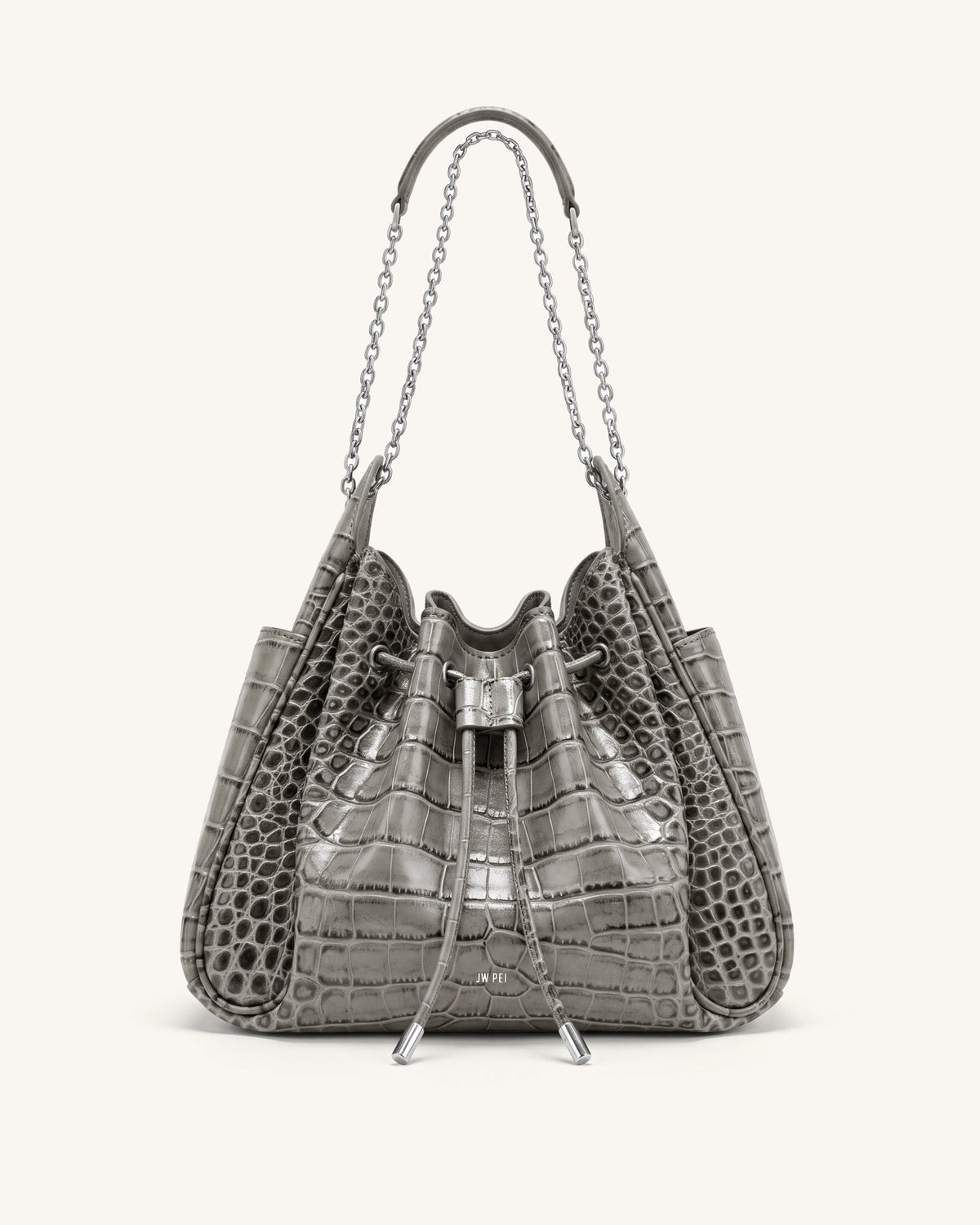 Rowan Ruched Drawstring Chain Bucket Bag - Grey Croc | JW PEI