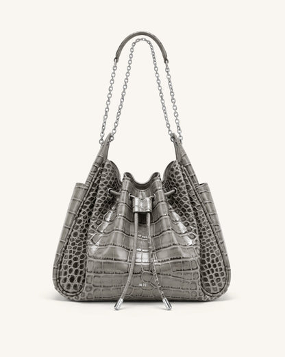 Rowan Ruched Drawstring Chain Bucket Bag - Grey Croc | JW PEI