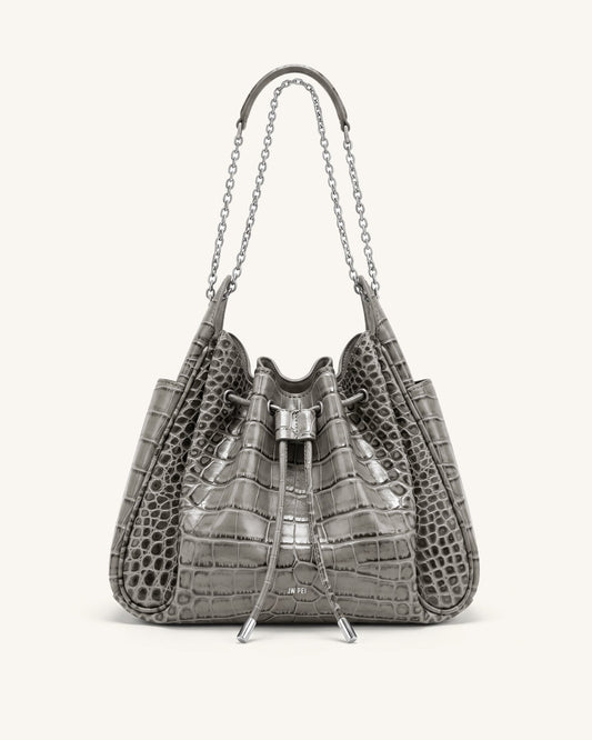 Rowan Ruched Drawstring Chain Bucket Bag - Grey Croc | JW PEI