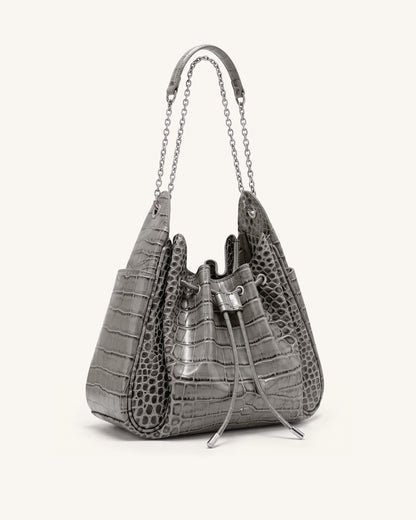Rowan Ruched Drawstring Chain Bucket Bag - Grey Croc | JW PEI
