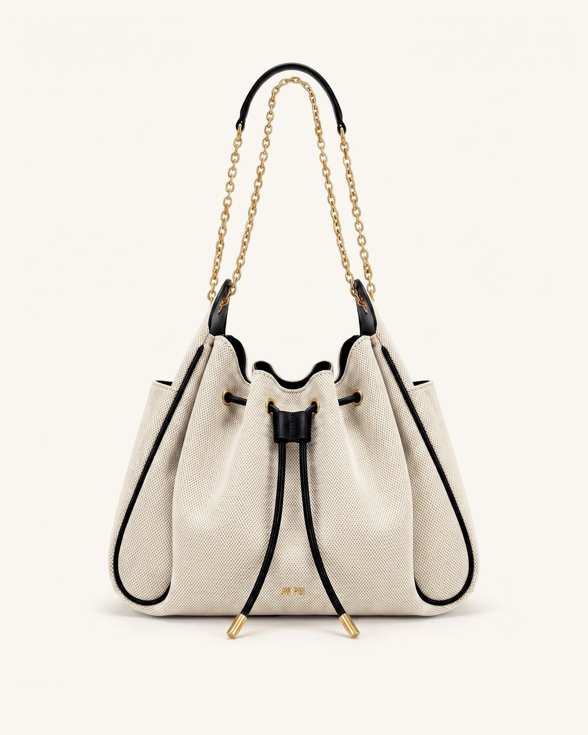 Rowan Ruched Drawstring Chain Bucket Bag - Black Canvas | JW PEI