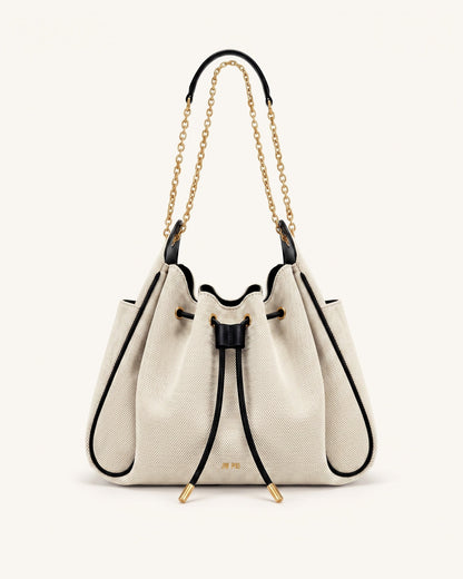 Rowan Ruched Drawstring Chain Bucket Bag - Black Canvas | JW PEI
