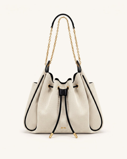 Rowan Ruched Drawstring Chain Bucket Bag - Black Canvas | JW PEI