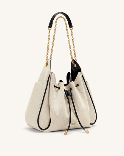 Rowan Ruched Drawstring Chain Bucket Bag - Black Canvas | JW PEI