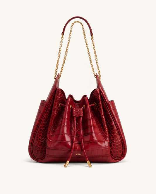 Rowan Ruched Drawstring Chain Bucket Bag - Dark Red Croc | JW PEI