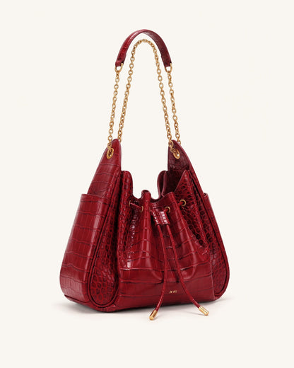 Rowan Ruched Drawstring Chain Bucket Bag - Dark Red Croc | JW PEI