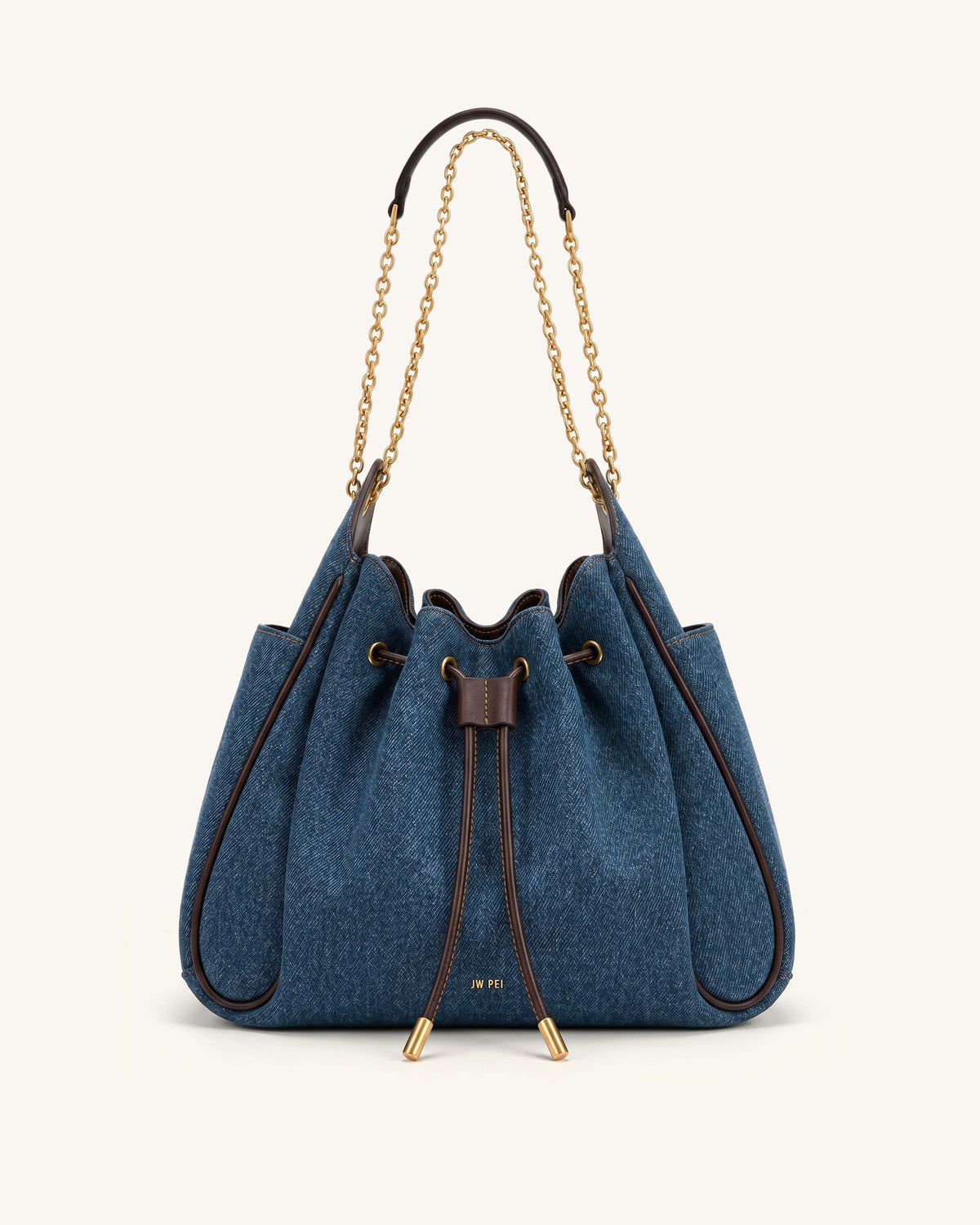 Rowan Ruched Drawstring Chain Bucket Bag - Dark Blue Denim | JW PEI