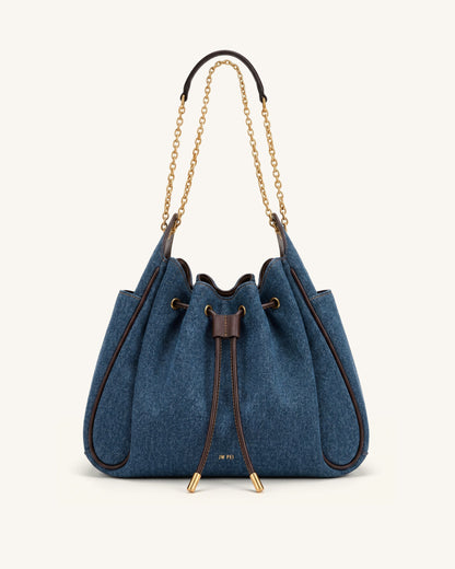 Rowan Ruched Drawstring Chain Bucket Bag - Dark Blue Denim | JW PEI