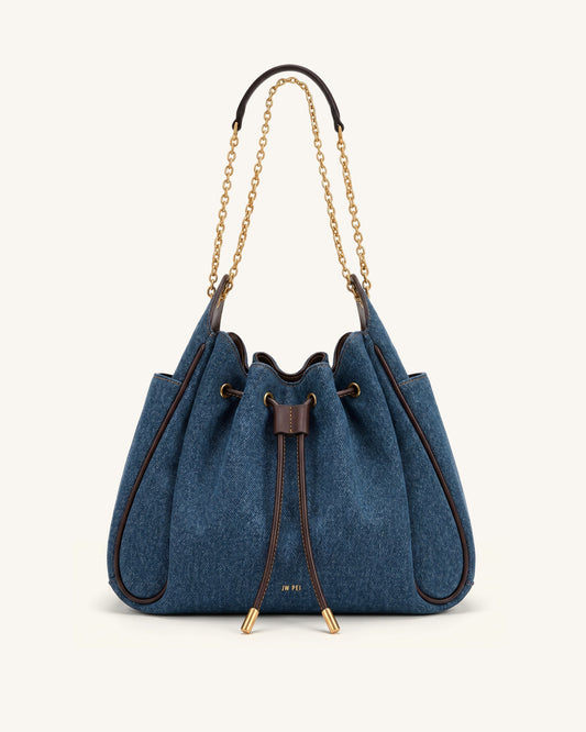 Rowan Ruched Drawstring Chain Bucket Bag - Dark Blue Denim | JW PEI