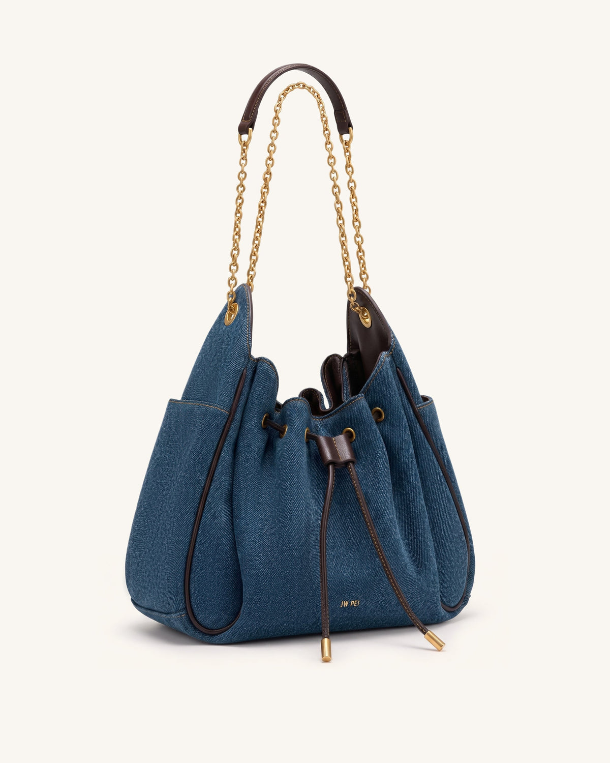 Rowan Ruched Drawstring Chain Bucket Bag - Dark Blue Denim | JW PEI