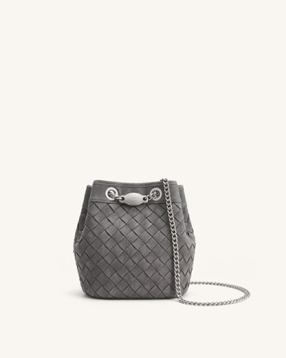 Yara Faux Suede Hand-Woven Bucket Bag - Dark Grey | JW PEI