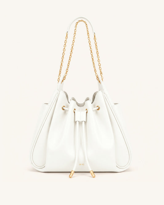 Rowan Ruched Drawstring Chain Bucket Bag - Ivory | JW PEI