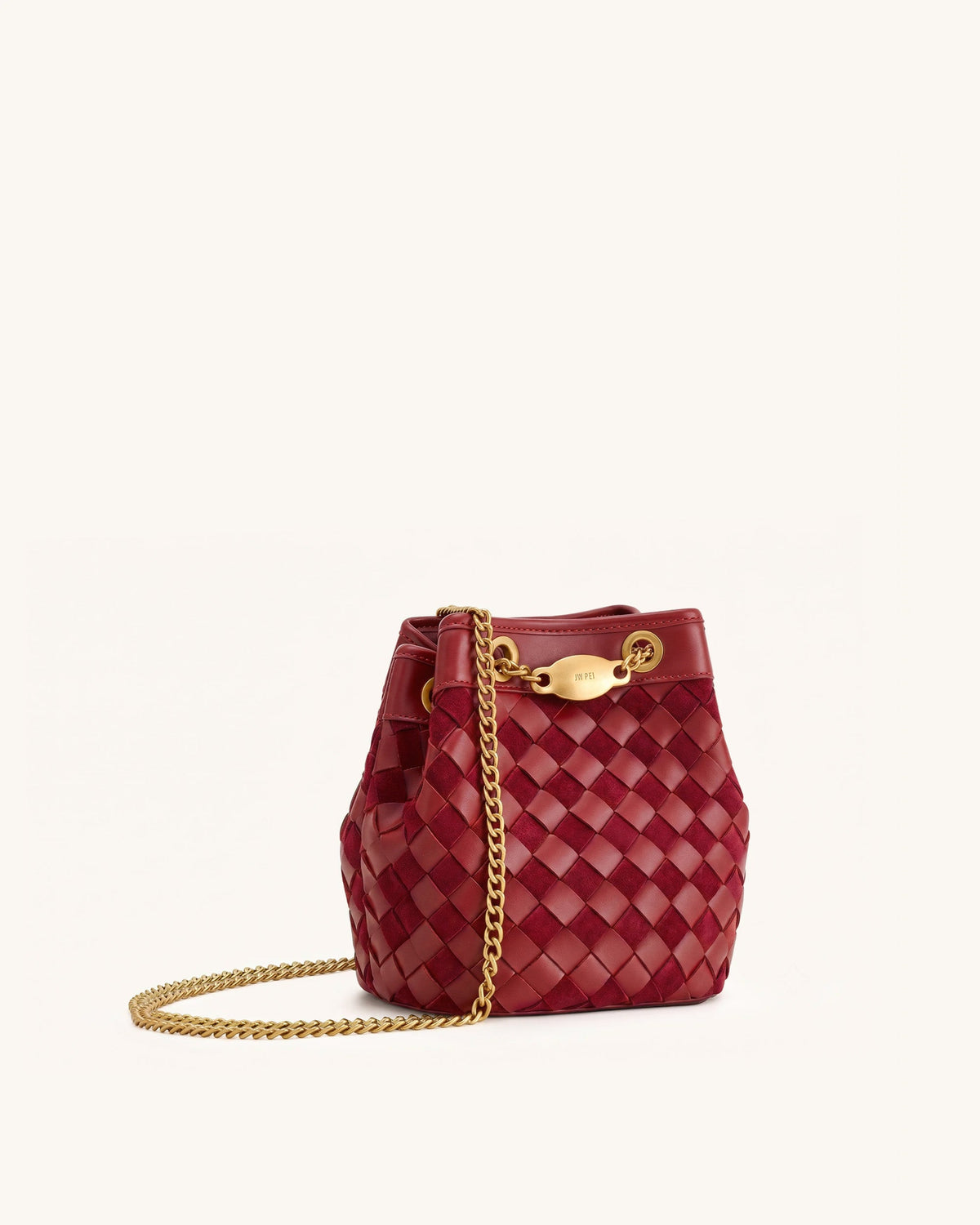 Yara Faux Suede Hand-Woven Bucket Bag - Dark Red | JW PEI