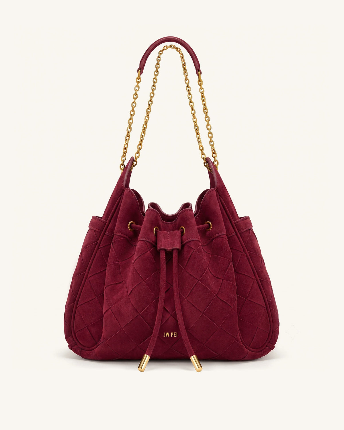 Rowan Faux Suede Weaving Ruched Drawstring Chain Bucket Bag - Dark Che | JW PEI