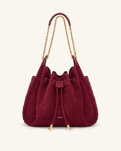 Rowan Faux Suede Weaving Ruched Drawstring Chain Bucket Bag - Dark Che | JW PEI