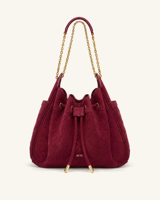 Rowan Faux Suede Weaving Ruched Drawstring Chain Bucket Bag - Dark Che | JW PEI