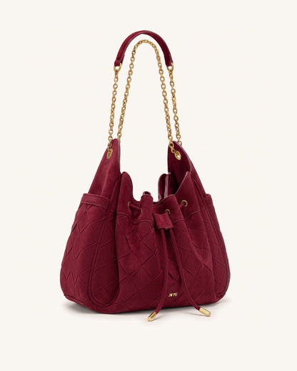 Rowan Faux Suede Weaving Ruched Drawstring Chain Bucket Bag - Dark Che | JW PEI