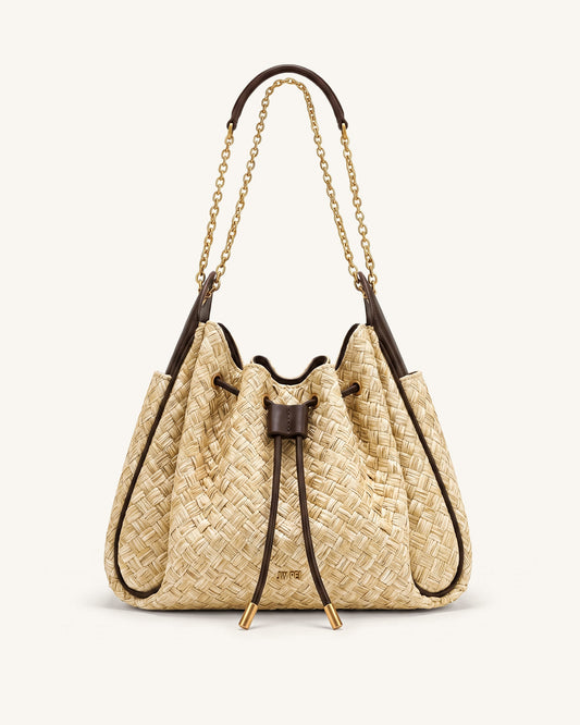 Rowan Faux Straw Ruched Drawstring Chain Bucket Bag - Brown | JW PEI