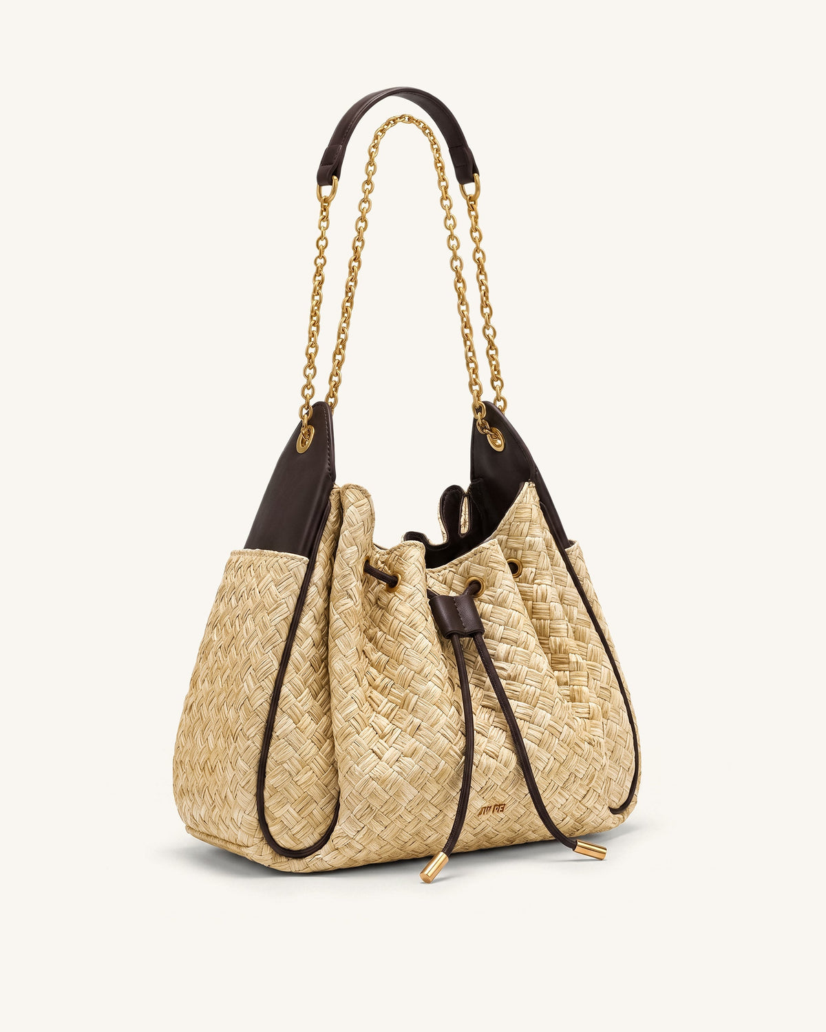 Rowan Faux Straw Ruched Drawstring Chain Bucket Bag - Brown | JW PEI