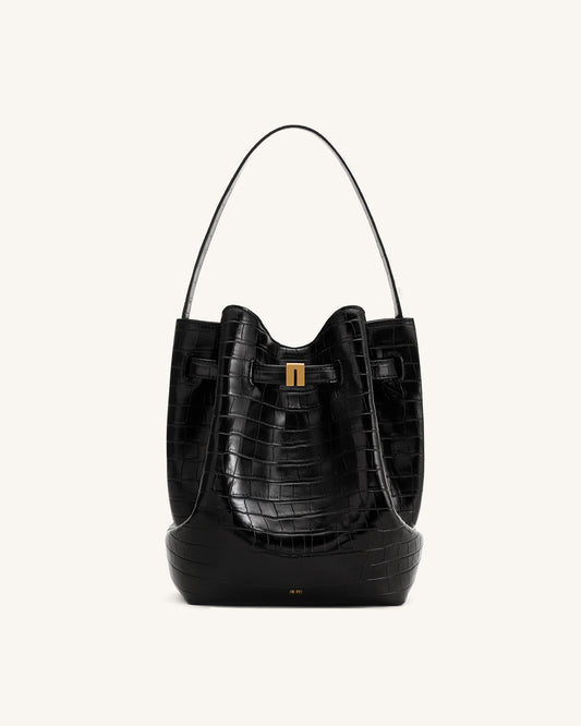 Clara Lock Accent Bucket Shoulder Bag - Black Croc | JW PEI