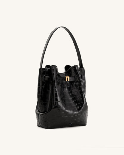 Clara Lock Accent Bucket Shoulder Bag - Black Croc | JW PEI