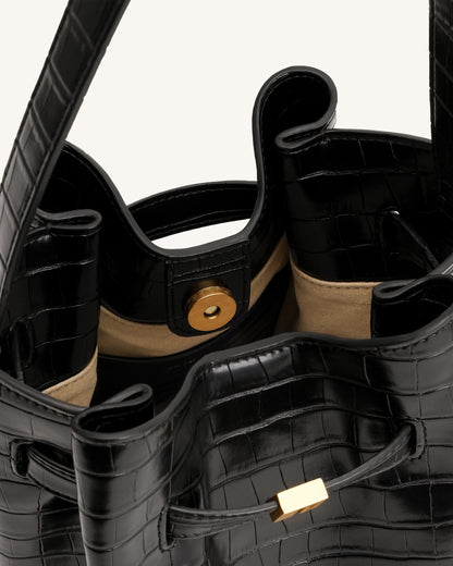 Clara Lock Accent Bucket Shoulder Bag - Black Croc | JW PEI