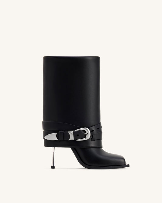 Emilia Western Buckled Leather Stiletto Boots - Black | JW PEI