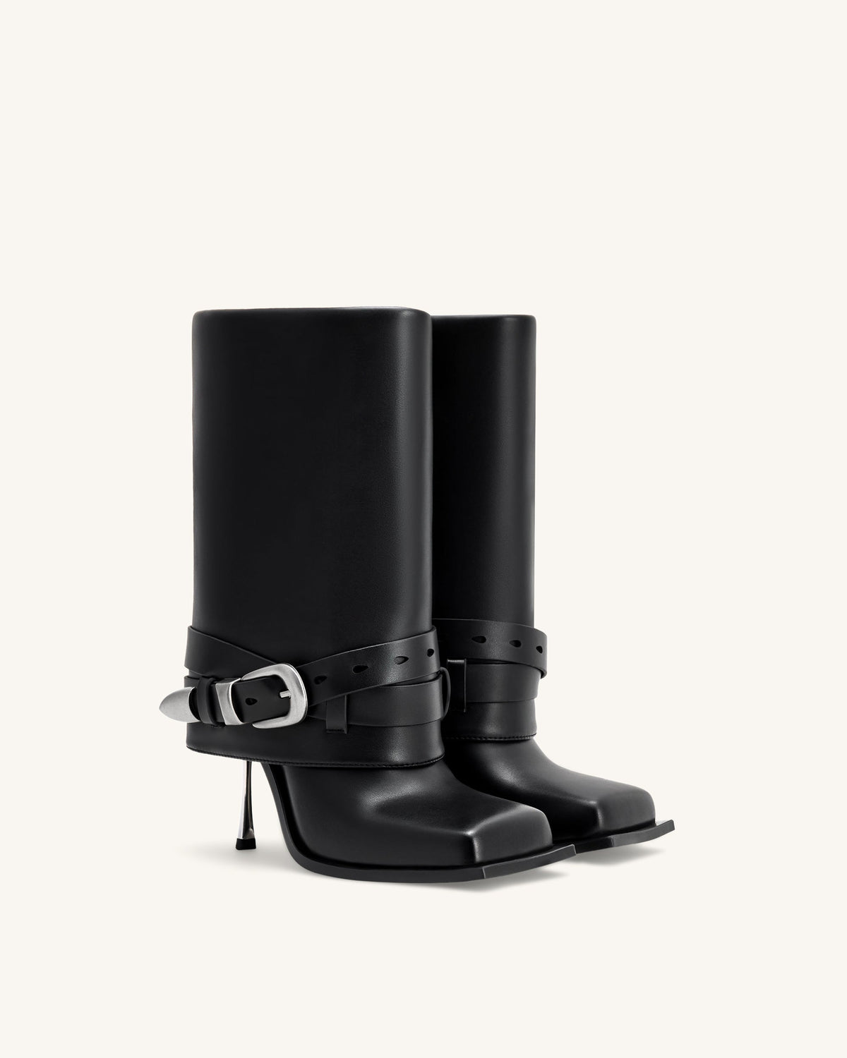 Emilia Western Buckled Leather Stiletto Boots - Black | JW PEI
