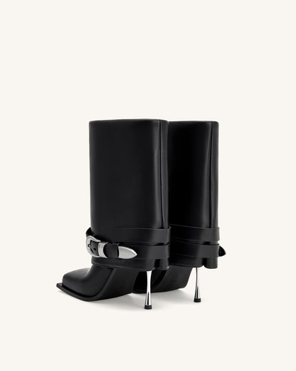 Emilia Western Buckled Leather Stiletto Boots - Black | JW PEI