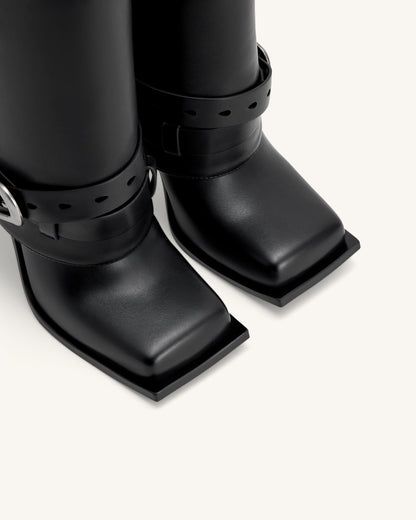 Emilia Western Buckled Leather Stiletto Boots - Black | JW PEI