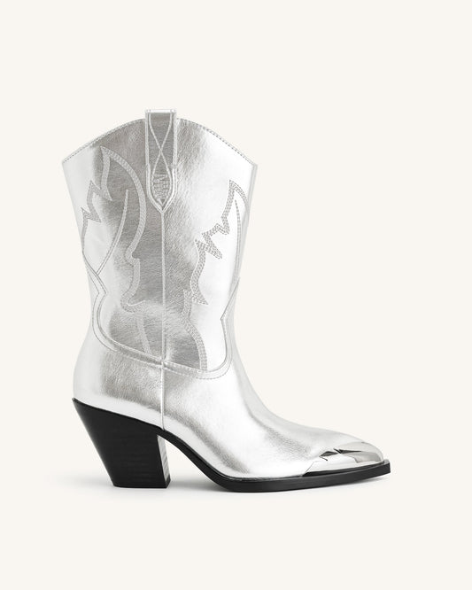 Riya Metallic Cowboy Boot - Silver | JW PEI