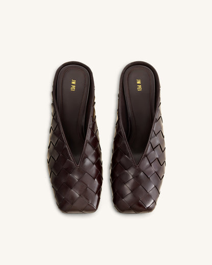 Ellie Woven Square-Toe Mule Heels - Dark Brown | JW PEI