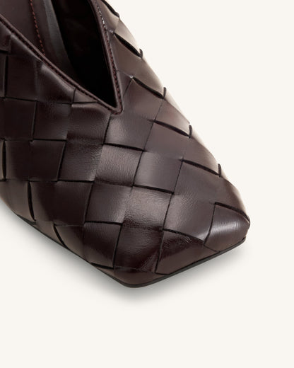 Ellie Woven Square-Toe Mule Heels - Dark Brown | JW PEI