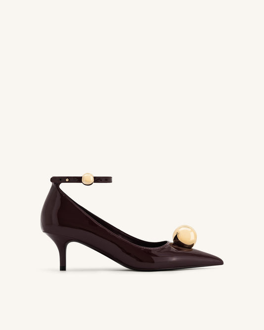 Jewel Buckle Kitten Heels Pumps - Claret Red | JW PEI