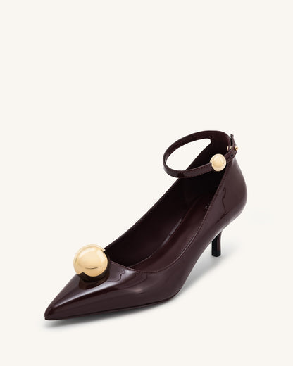 Jewel Buckle Kitten Heels Pumps - Claret Red | JW PEI