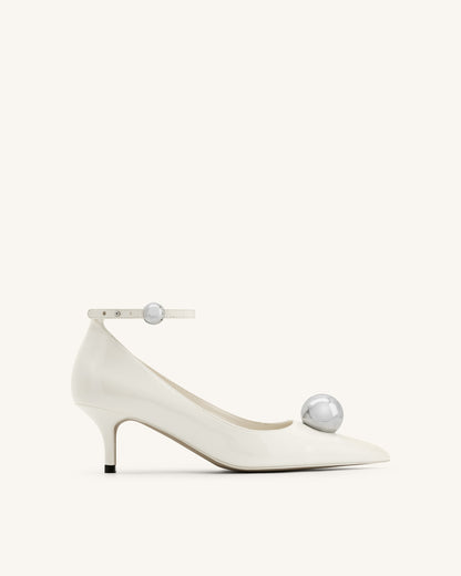 Jewel Buckle Kitten Heels Pumps - White | JW PEI