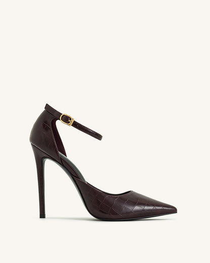 Leah Croc-Embossed Ankle Strap Heels - Burgundy | JW PEI