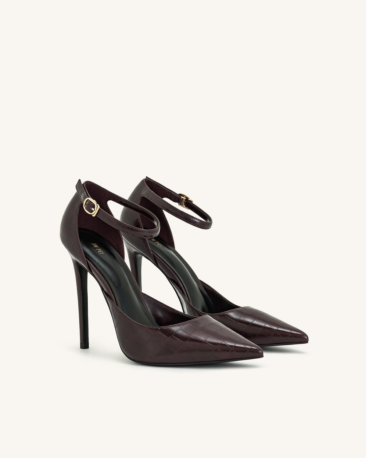 Leah Croc-Embossed Ankle Strap Heels - Burgundy | JW PEI
