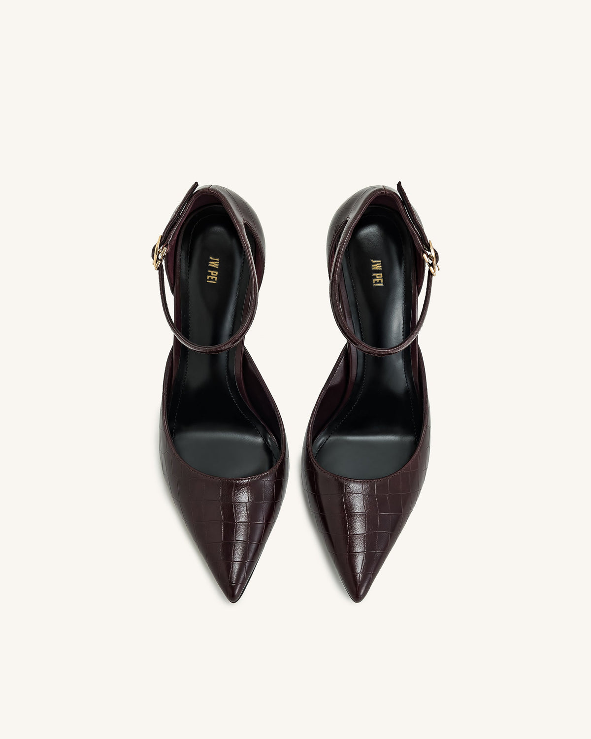 Leah Croc-Embossed Ankle Strap Heels - Burgundy | JW PEI