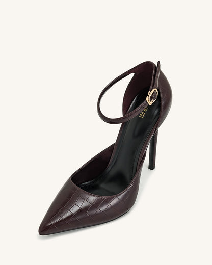 Leah Croc-Embossed Ankle Strap Heels - Burgundy | JW PEI