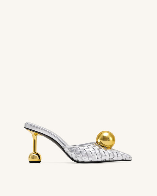 Sofia Woven Sphere Heel Mules - Silver & Gold | JW PEI
