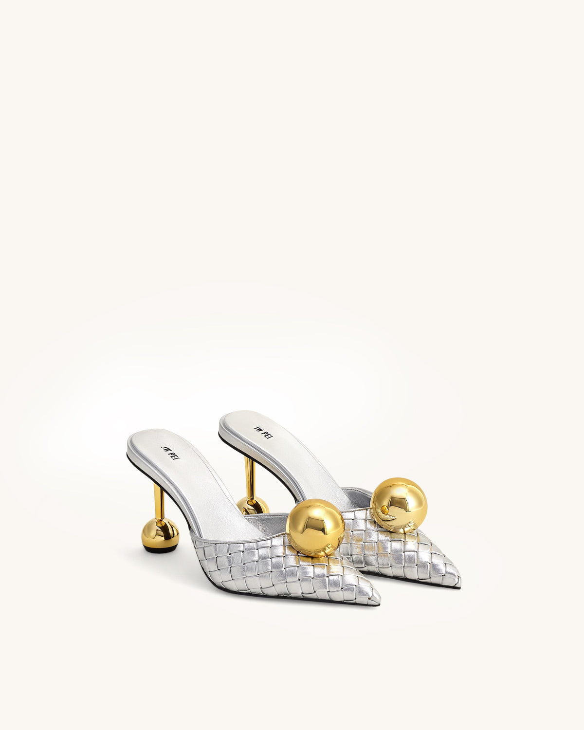 Sofia Woven Sphere Heel Mules - Silver & Gold | JW PEI