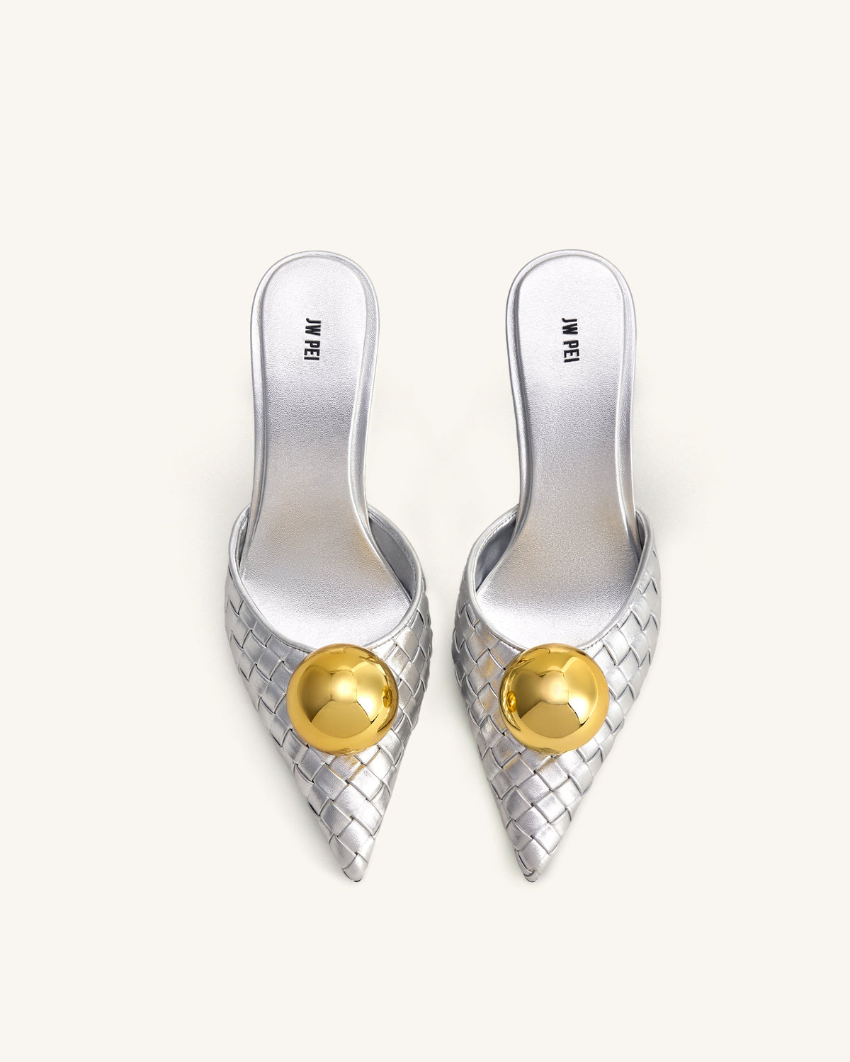 Sofia Woven Sphere Heel Mules - Silver & Gold | JW PEI