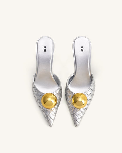 Sofia Woven Sphere Heel Mules - Silver & Gold | JW PEI