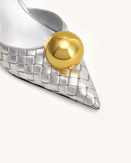 Sofia Woven Sphere Heel Mules - Silver & Gold | JW PEI
